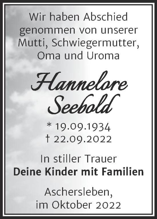 Traueranzeige von Hannelore Seebold von Trauerkombi Aschersleben
