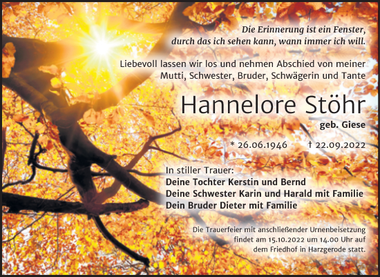 Traueranzeige von Hannelore Stöhr von Trauerkombi Quedlinburg