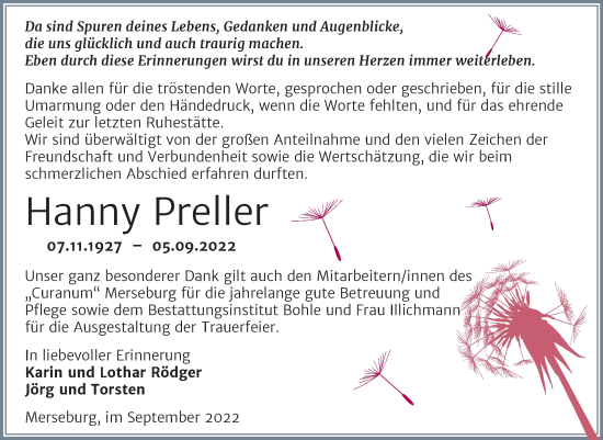Traueranzeige von Hanny Preller von Trauerkombi Merseburg