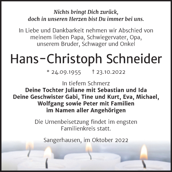 Traueranzeige von Hans-Christoph Schneider von Trauerkombi Sangerhausen