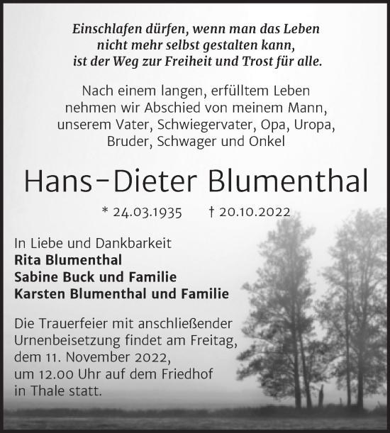 Traueranzeige von Hans-Dieter Blumenthal von Trauerkombi Quedlinburg