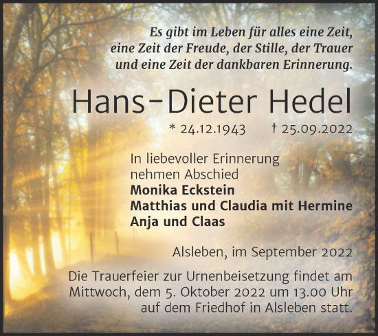 Traueranzeige von Hans-Dieter Hedel von Trauerkombi Bernburg