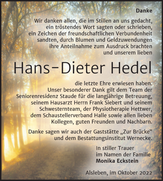 Traueranzeige von Hans-Dieter Hedel von Trauerkombi Bernburg