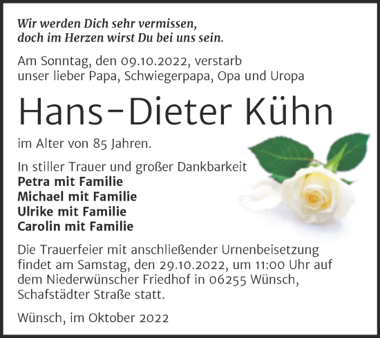 Traueranzeige von Hans-Dieter Kühn von Trauerkombi Merseburg