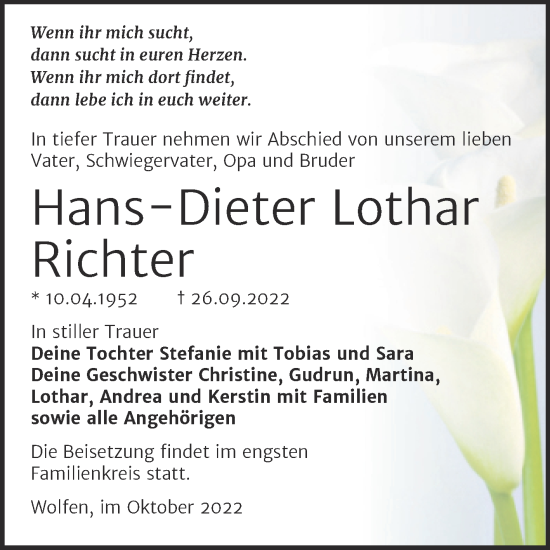 Traueranzeige von Hans-Dieter Lothar Richter von Trauerkombi Bitterfeld