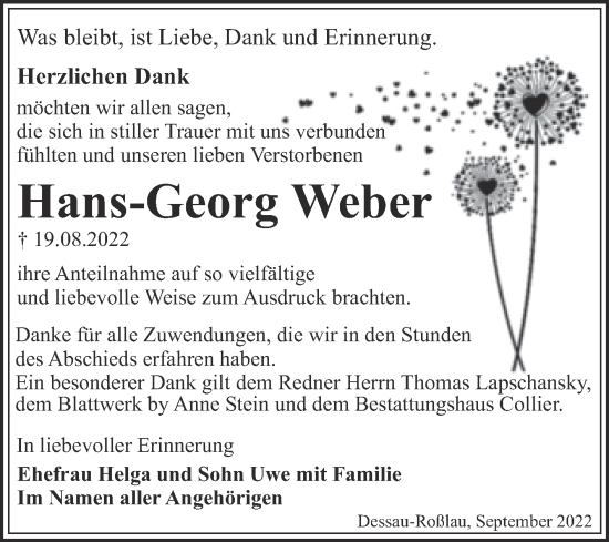 Traueranzeige von Hans-Georg Weber von Trauerkombi Dessau