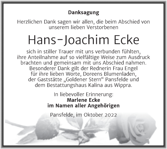 Traueranzeige von Hans-Joachim Ecke von Trauerkombi Quedlinburg
