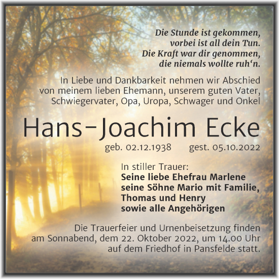 Traueranzeige von Hans-Joachim Ecke von Trauerkombi Quedlinburg