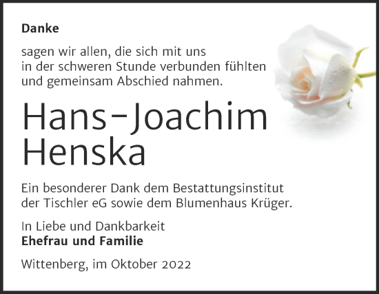 Traueranzeige von Hans-Joachim Henska von Trauerkombi Wittenberg