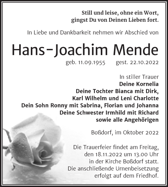 Traueranzeige von Hans-Joachim Mende von Trauerkombi Wittenberg
