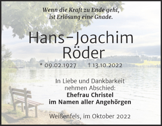 Traueranzeige von Hans-Joachim Röder von Trauerkombi Weißenfels