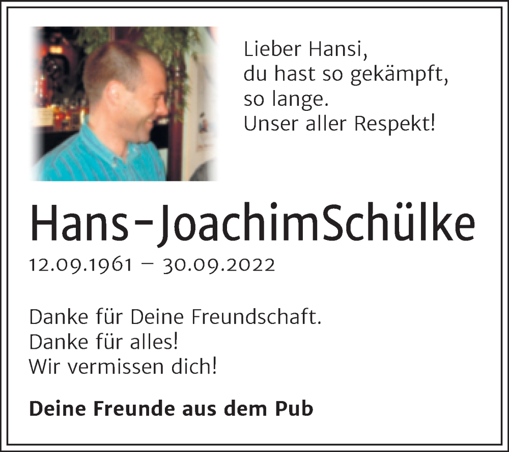  Traueranzeige für Hans-Joachim Schülke vom 08.10.2022 aus Trauerkombi Bernburg