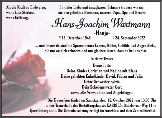 Traueranzeige von Hans-Joachim Wartmann von Trauerkombi Quedlinburg