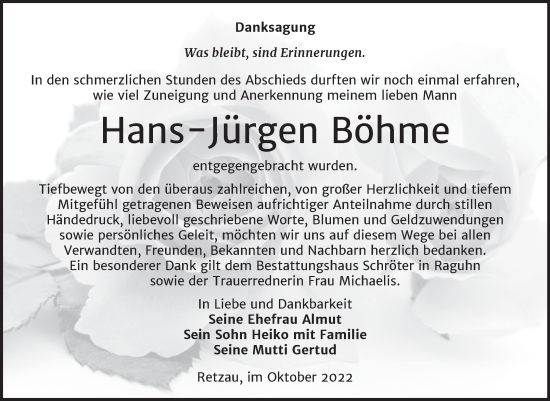 Traueranzeige von Hans-Jürgen Böhme von Trauerkombi Bitterfeld