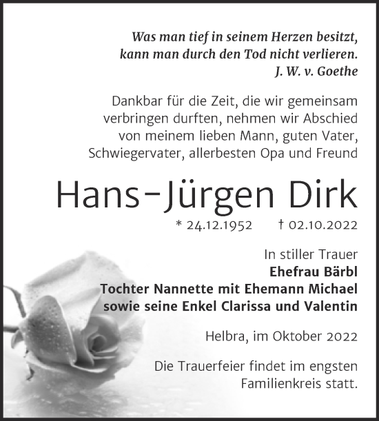 Traueranzeige von Hans-Jürgen Dirk von Trauerkombi Mansfelder Land