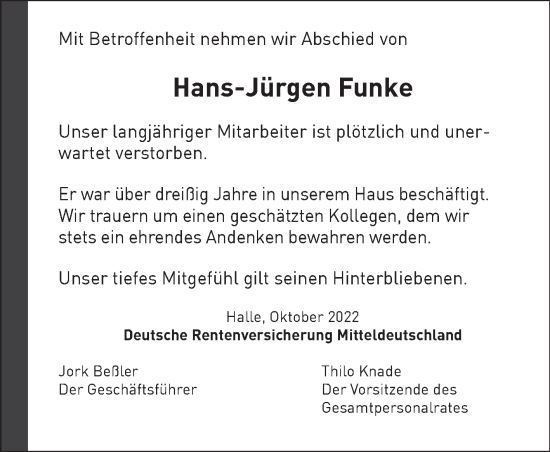 Traueranzeige von Hans-Jürgen Funke von Mitteldeutsche Zeitung Halle/Saalkreis