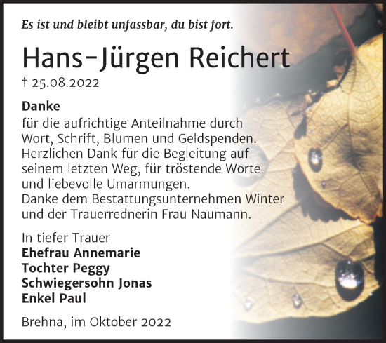 Traueranzeige von Hans-Jürgen Reichert von Trauerkombi Bitterfeld
