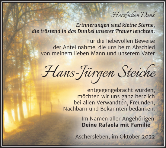 Traueranzeige von Hans-Jürgen Steiche von Trauerkombi Aschersleben