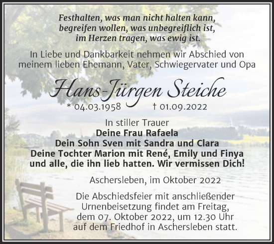 Traueranzeige von Hans-Jürgen Steiche von Trauerkombi Aschersleben