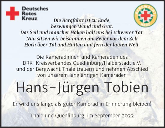 Traueranzeige von Hans-Jürgen Tobien von Super Sonntag Quedlingburg