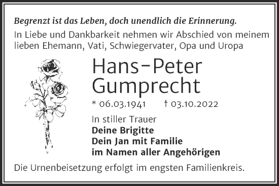 Traueranzeige von Hans-Peter Gumprecht von Trauerkombi Merseburg
