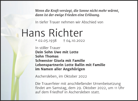 Traueranzeige von Hans Richter von Trauerkombi Aschersleben