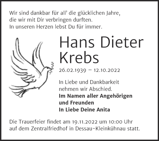 Traueranzeige von Hans Dieter Krebs von Trauerkombi Dessau
