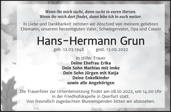Traueranzeige von Hans Hermann Grun von Trauerkombi Merseburg