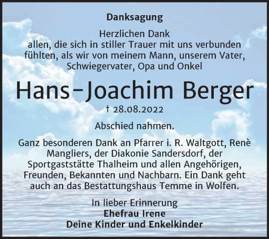 Traueranzeige von Hans Joachim Berger von Trauerkombi Bitterfeld