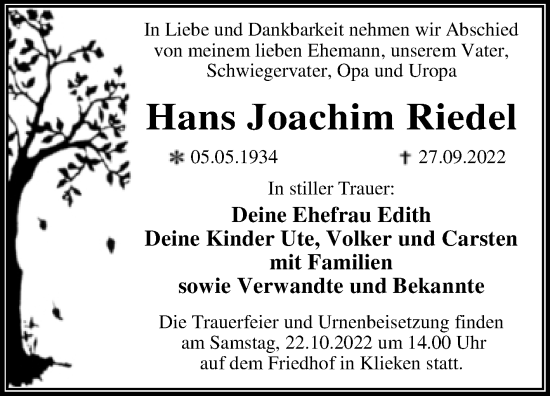 Traueranzeige von Hans Joachim Riedel von Trauerkombi Wittenberg