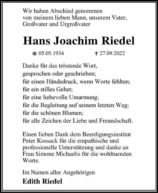 Traueranzeige von Hans Joachim Riedel von Trauerkombi Wittenberg
