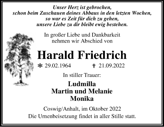 Traueranzeige von Harald Friedrich von Trauerkombi Wittenberg