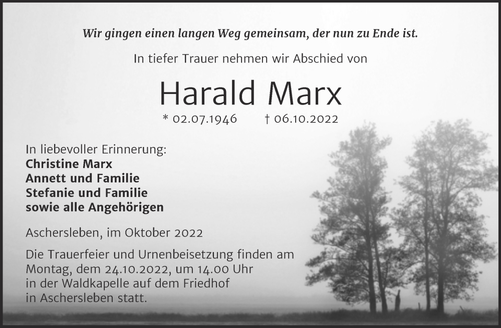  Traueranzeige für Harald Marx vom 12.10.2022 aus Trauerkombi Aschersleben
