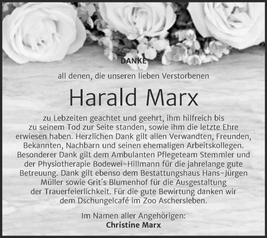 Traueranzeige von Harald Marx von Trauerkombi Aschersleben