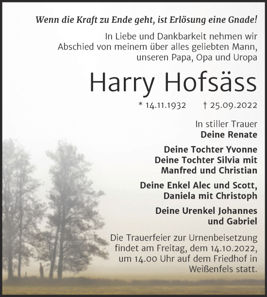 Traueranzeige von Harry Hofsäss von Trauerkombi Weißenfels