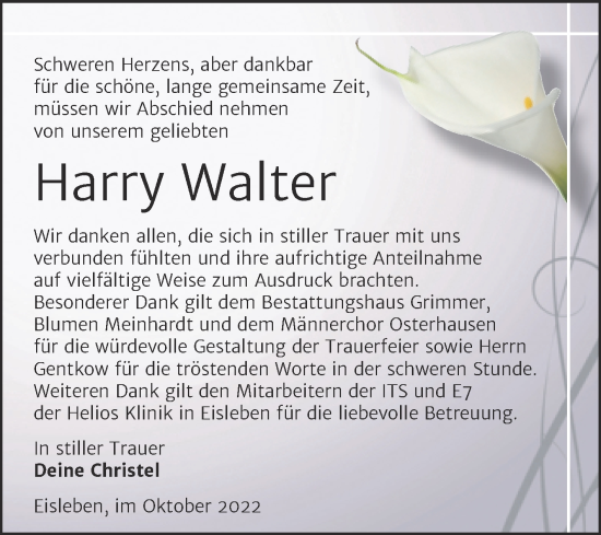 Traueranzeige von Harry Walter von Trauerkombi Mansfelder Land
