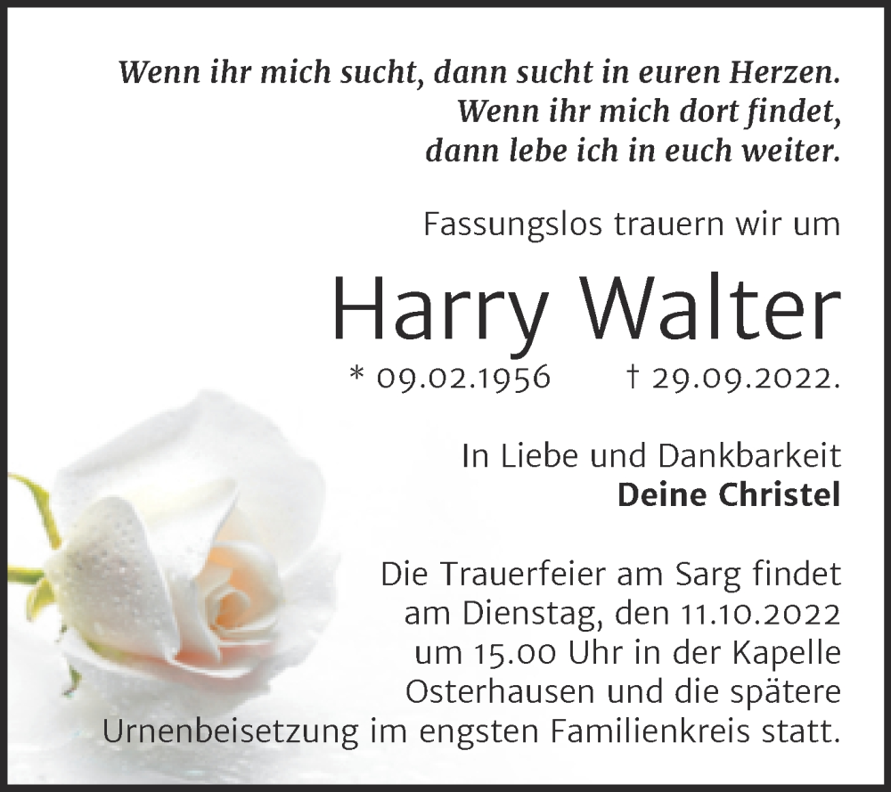 Traueranzeige für Harry Walter vom 06.10.2022 aus Trauerkombi Mansfelder Land