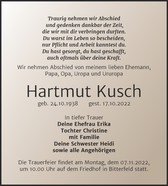 Traueranzeige von Hartmut Kusch von Trauerkombi Bitterfeld