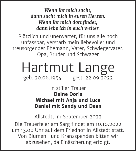 Traueranzeige von Hartmut Lange von Trauerkombi Sangerhausen