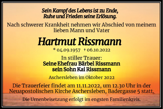 Traueranzeige von Hartmut Rissmann von Trauerkombi Aschersleben