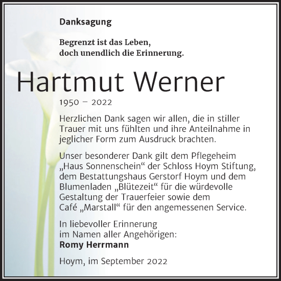 Traueranzeige von Hartmut Werner von Trauerkombi Aschersleben