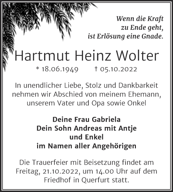 Traueranzeige von Hartmut Heinz Wolter von Trauerkombi Merseburg