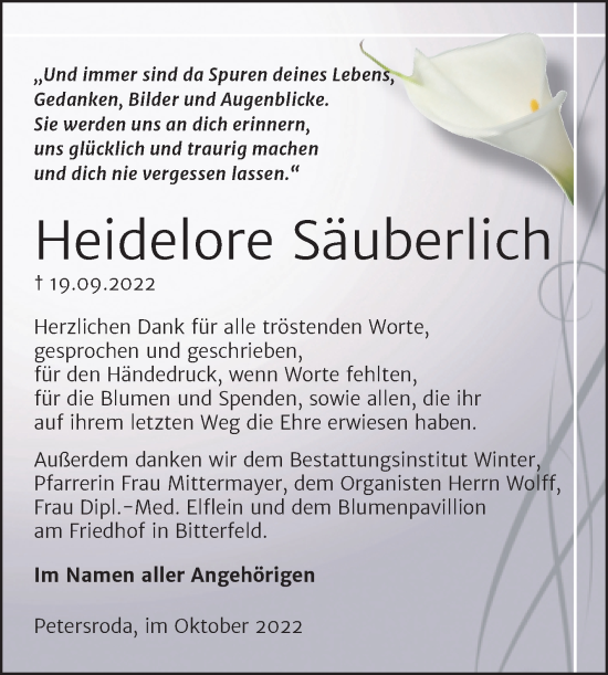 Traueranzeige von Heidelore Säuberlich von Trauerkombi Bitterfeld