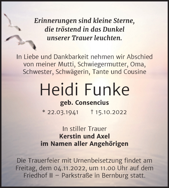 Traueranzeige von Heidi Funke von Trauerkombi Bernburg