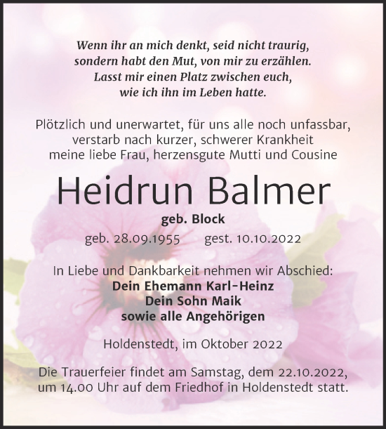 Traueranzeige von Heidrun Balmer von Trauerkombi Sangerhausen
