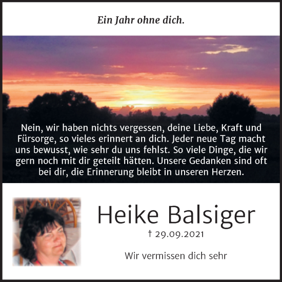Traueranzeige von Heike Balsiger von Trauerkombi Wittenberg