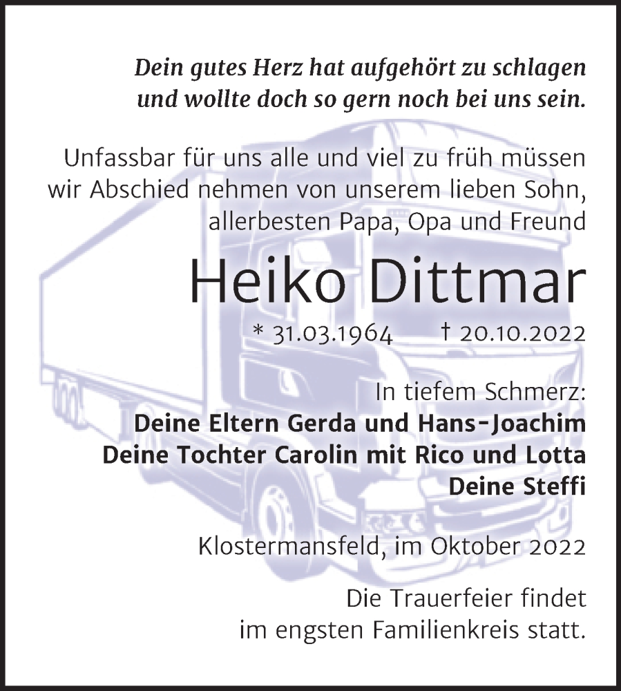  Traueranzeige für Heiko Dittmar vom 29.10.2022 aus Trauerkombi Mansfelder Land
