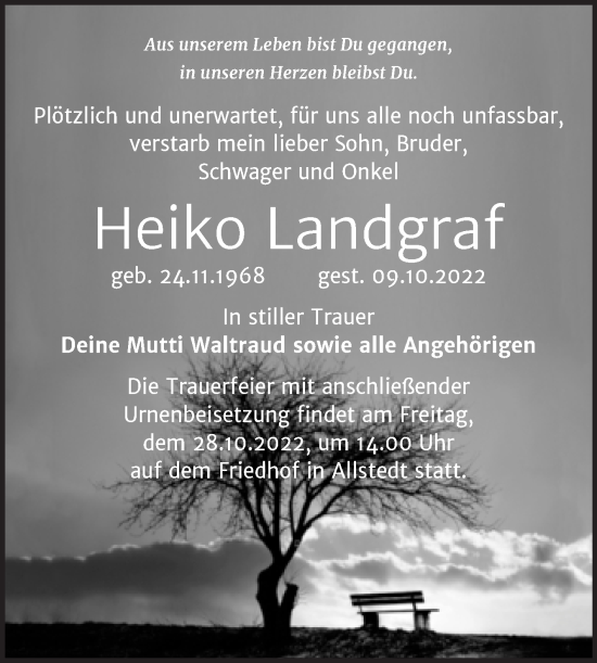 Traueranzeige von Heiko Landgraf von Trauerkombi Sangerhausen