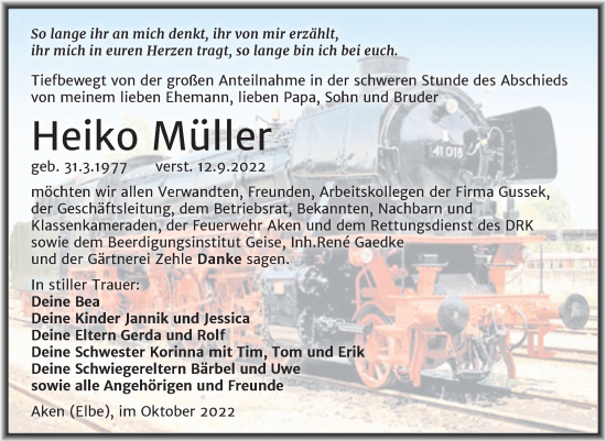 Traueranzeige von Heiko Müller von Trauerkombi Köthen