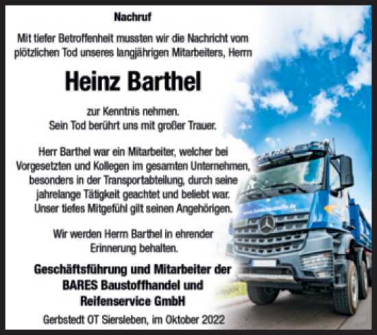 Traueranzeige von Heinz Barthel von Mitteldeutsche Zeitung Mansfelder Land